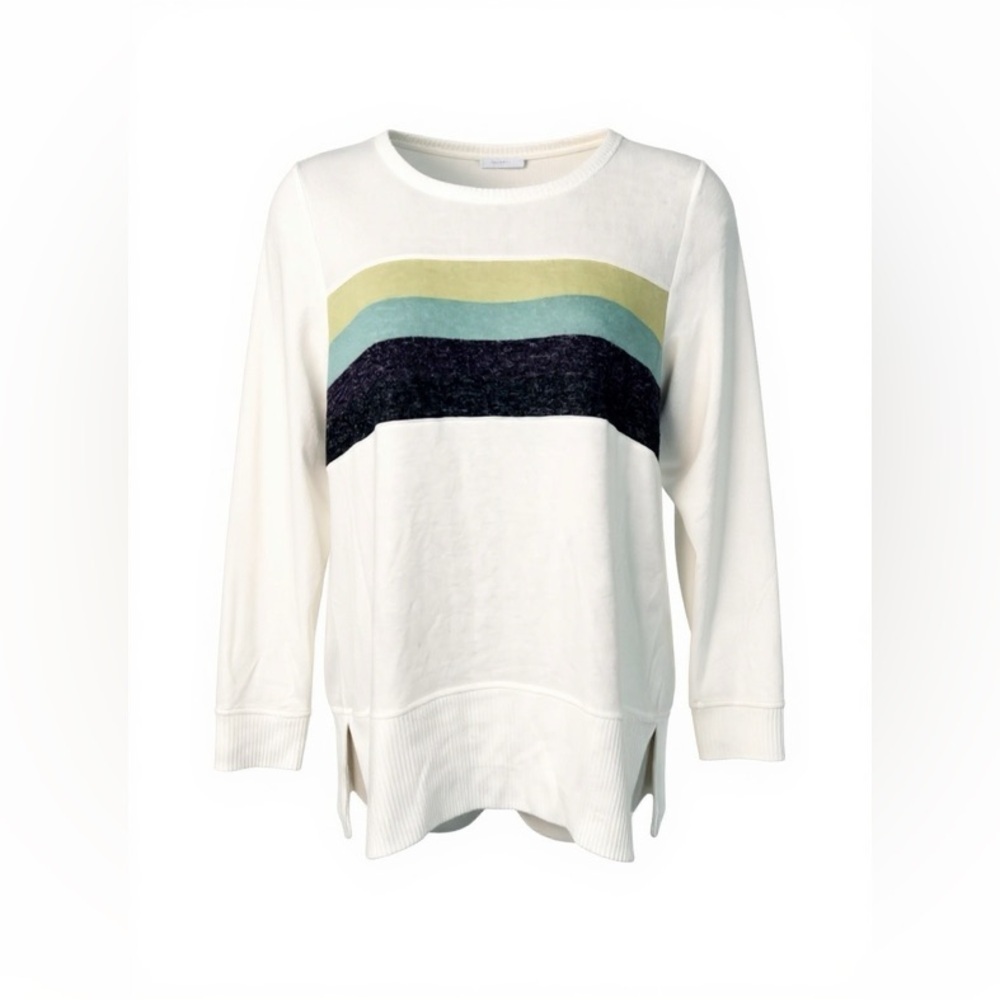 Sonoma Soft Oversized Long Sleeve Crew Neck White Green Stripe Size L #1707